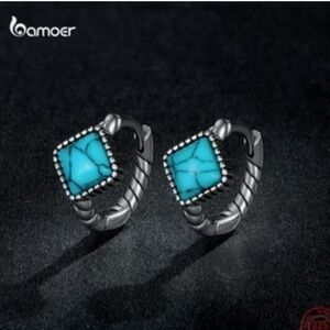 Bamoer 925 Sterling Silver with Square Shaped Imitation Turquoise Earrings